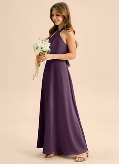 Azazie Beah Junior Plum A-Line Pleated Stretch Satin Dress image7