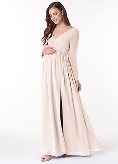 Azazie Teton Maternity Bridesmaid Dresses A-Line Long Sleeve Chiffon Floor-Length Dress image3