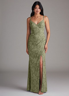 Azazie Leo Bridesmaid Dresses Pistachio Sheath Pleated Floral Burnout Dress image1