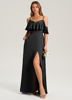 Azazie Jean Bridesmaid Dresses Black A-Line Off the Shoulder Stretch Satin Dress image3