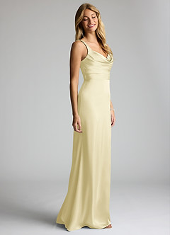 Azazie Elida Bridesmaid Dresses Lemon Sorbet Sheath Pleated Stretch Satin Dress image3