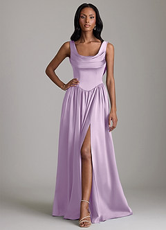 Azazie Novi Robes de demoiselle d'honneur Robe Trapèze en Satin extensible Avec poches Frostiges Flieder image1