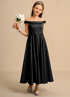 Azazie Teeny Girl Abiti da Ragazza di Fiori Abito A-Line in Raso Opaco Plissettato Nero image5