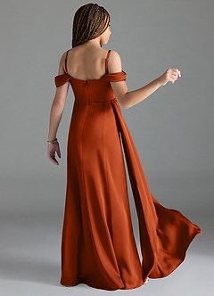 Azazie Amyra Junior Jurk van Stretch Satijn met Kolom Off the Shoulder Verbrande Sinaasappel image2