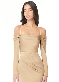 Azazie Hallie Bridesmaid Dresses Champagne Sheath Off-The-Shoulder Long Sleeve Stretch Satin Convertible Dress image2