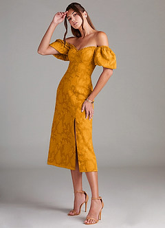Azazie Evalina Bridesmaid Dresses Butterscotch Sheath Floral Burnout Dress image4