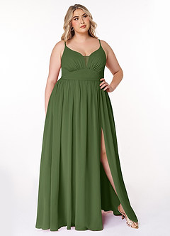 Azazie Rayna Bridesmaid Dresses Olive A-Line V-Neck Pleated Chiffon Dress image7