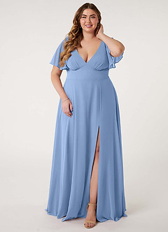 Azazie Kimber Vestidos de damas de honor Vestido de Azul Acero de Gasa de Corte en A con Manga volante image9