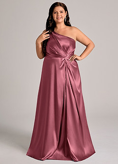 Azazie Brooke Bridesmaid Dresses Desert Rose A-Line One Shoulder Metallic Satin Dress image10