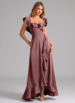 Azazie Lyra Bridesmaid Dresses Vintage Mauve A-Line Off the Shoulder Stretch Satin Convertible Dress image2