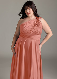 Azazie Charlize Bridesmaid Dresses Salmon Pink A-Line One Shoulder Stretch Satin Dress image14