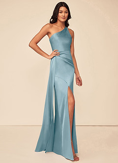 Azazie Maron Brautjungfernkleider A-Linie Eine Schulter Stretch-Satin Kleid Stimmungsvolles Blau image3