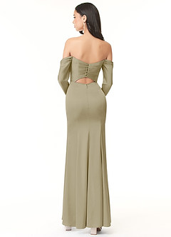 Azazie Hallie Vestidos de damas de honor Vestido de Musgo Verde de Satén Elástico de Corte Recto Convertible con Manga larga con hombros descubiertos image3