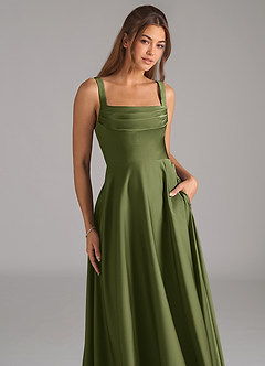 Azazie Shaude 신부 들러리 드레스 A라인 주름진 스트레치 새틴 발목 길이 드레스 image2