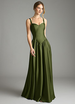 Azazie Evadina Vestidos de damas de honor Vestido de Oliva de Satén Elástico de Corte en A con Corsé image1