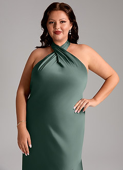 Azazie Lorena Bridesmaid Dresses Sea Moss Mermaid Pleated Stretch Satin Dress image12
