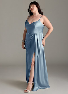 Azazie Brielle Bridesmaid Dresses Dusty Blue A-Line Cowl Spaghetti Straps Stretch Satin Dress image10