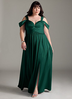 Azazie Lianne Robes de demoiselle d'honneur Robe Trapèze en Satin extensible Épaule décolletée émeraude image9