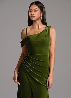 Azazie Madelyn Bridesmaid Dresses Olive Sheath One Shoulder Velvet Dress image2