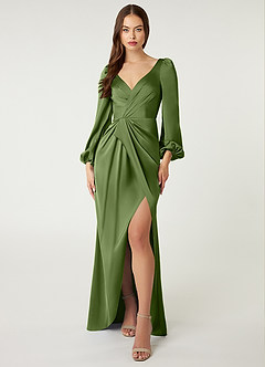 Azazie Mel Robes de demoiselle d'honneur Robe Fourreau en Satin extensible Manche longue Genévrier image1