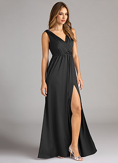 Azazie Tanicia Bridesmaid Dresses Black A-Line Pleated Stretch Satin Dress image4