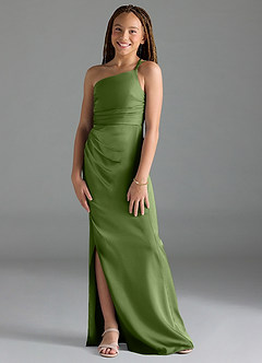 Azazie Eren Junior Juniper Sheath Pleated Stretch Satin Dress image4