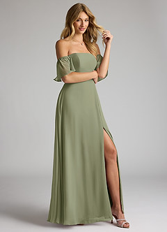 Azazie Sue Kleider zum Anprobieren zu Hause Wandelbar A-Linie Schulterfrei Chiffon Kleid Matcha image5