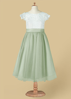 Azazie Vetty Flower Girl Dresses Ivory Dusty Sage A-Line Lace Tulle Dress image12