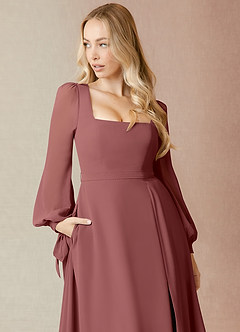 Azazie Leonia Bridesmaid Dresses Amethyst A-Line Long Sleeve Chiffon Dress image6