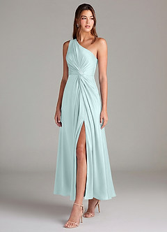 Azazie Brooke Bridesmaid Dresses Sea Glass A-Line One Shoulder Stretch Satin Dress image3