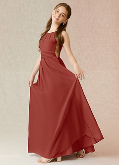 Azazie Bibiane Junior Abito A-Line in Chiffon Plissettato Terracotta image6