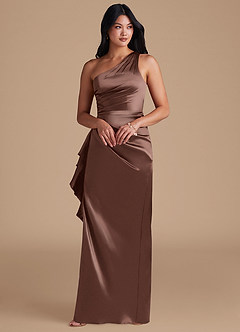 Azazie Latrice Bridesmaid Dresses Espresso Sheath One Shoulder Metallic Satin Dress image6