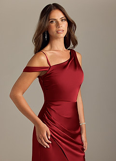 Azazie Madelyn Robes de demoiselle d'honneur Robe Sirène Convertible en Satin extensible Une épaule Écarlate image6