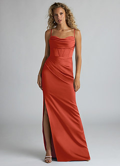 Azazie Mai Bridesmaid Dresses Rust Sheath Pleated Stretch Satin Dress image1