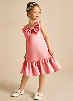 Azazie Kiwi Blumenmädchenkleider A-Linie Spaghetti Riemen Matte Satin Kleid Koralle image5