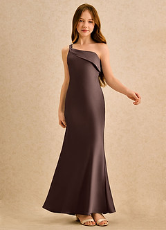 Azazie Almond Girls Formal Sukienki dla dziewczynek sypiących kwiaty Osłona Jedno ramię Satyna elastyczna Długość podłogi Sukienka image6