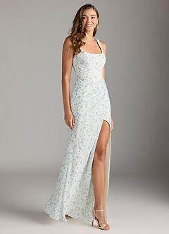 Azazie Mero Bridesmaid Dresses Blue And White Ditsy Floral Sheath Pleated Chiffon Dress image3