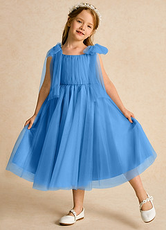 Azazie Dori Robe Demoiselle D'honneur Fillette Robe Trapèze en Tulle Rayé Geai Bleu image4