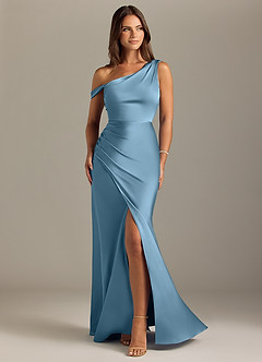 Azazie Madelyn Bridesmaid Dresses Steel Blue Mermaid Off the Shoulder Stretch Satin Convertible Dress image1