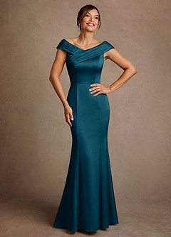 Azazie Aberdeen vestidos de madre de la novia Vestido de Azul Tinta de Satén Elástico de Corte Recto con Plisado image1