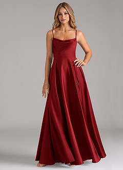 Azazie Elle Bridesmaid Dresses Scarlet A-Line Pleated Stretch Satin Dress image1