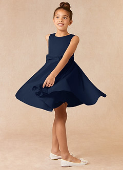 Azazie Coco Flower Girl Dresses Dark Navy A-Line Bow Matte Satin Dress image3