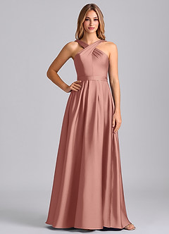 Azazie Dixie 신부 들러리 드레스 A라인 주름진 스트레치 새틴 바닥 길이 드레스 image3