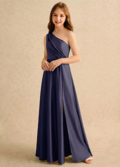 Azazie Puddles Girls Formal Robe Demoiselle D'honneur Fillette Robe Trapèze en Satin extensible Une épaule Bleu Orageux image4