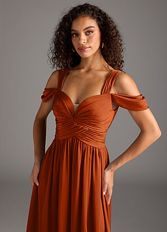Azazie Lianne Bridesmaid Dresses Burnt Orange A-Line Off the Shoulder Stretch Satin Dress image4