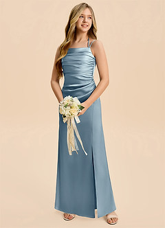 Azazie Nova Junior Dusty Blue A-Line Pleated Stretch Satin Dress image3