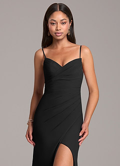 Azazie Yola Bridesmaid Dresses Black Sheath Pleated Chiffon Convertible Dress image2