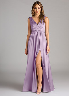Azazie Tanicia Bridesmaid Dresses Frosted Lilac A-Line Pleated Stretch Satin Dress image1