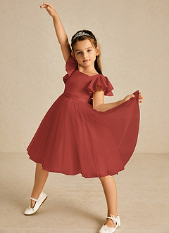Azazie Kaeya Flower Girl Dresses Terracotta A-Line Bow Tulle Dress image2
