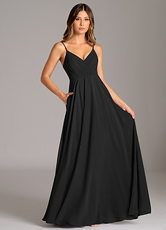 Azazie Amani At-home Try On Dresses Black A-Line Pleated Chiffon Dress image6